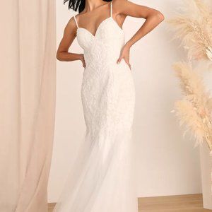 *NWT* (SZ 2) LULU's Dream Romance White Beaded Tulle Trumpet Maxi Dress